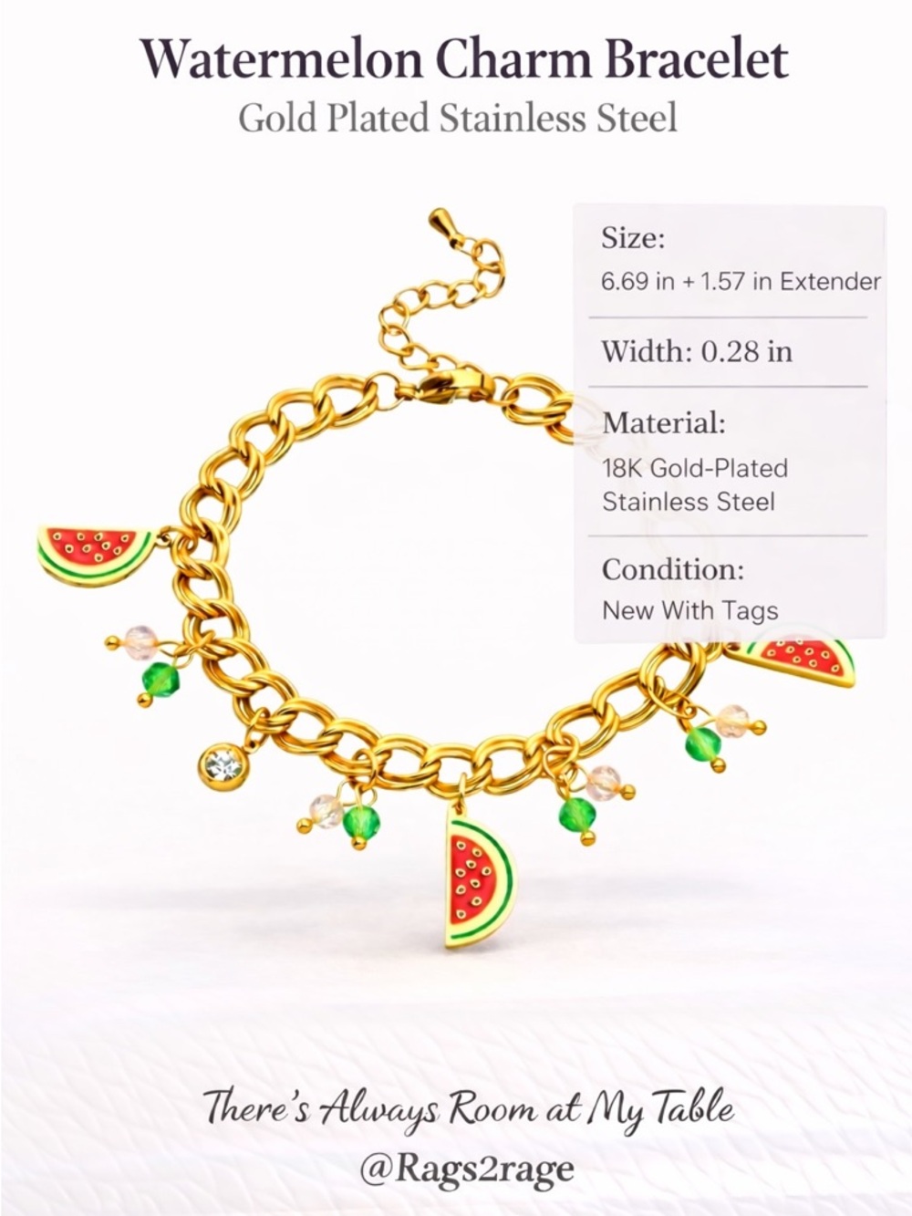 Watermelon Charm Bracelet – 18K Gold Plated Stainless Steel, CZ Accents